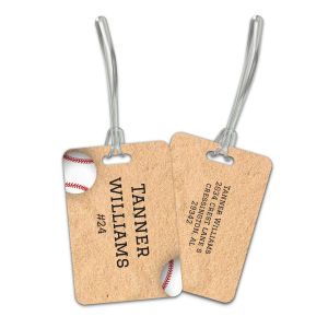 Rectangular plastic luggage tag featuring a baseball graphic, and custom text 