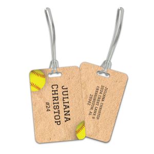 Rectangular plastic luggage tag featuring a softball field graphic, softball, and custom text 