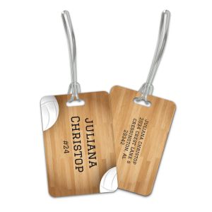 Rectangular plastic luggage tag featuring a volleyball court graphic and custom text 