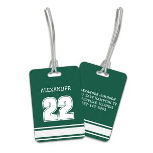 Rectangular green and white sports jersey luggage tag displaying a custom jersey number on front and personalized contact lines on back.