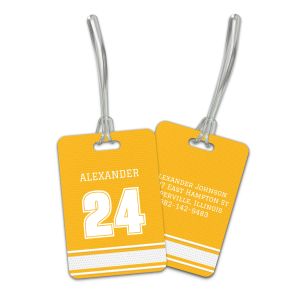 Rectangular yellow and white sports jersey luggage tag displaying a custom jersey number on front and personalized contact lines on back.