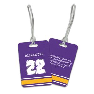 Rectangular purple and gold sports jersey luggage tag displaying a custom jersey number on front and personalized contact lines on back.
