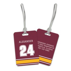 Rectangular maroon and gold sports jersey luggage tag displaying a custom jersey number on the front and personalized contact lines on back.