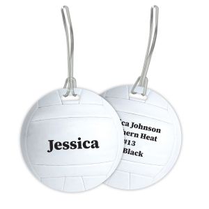 Round volleyball luggage tag featuring realistic white ball texture and a customized name 