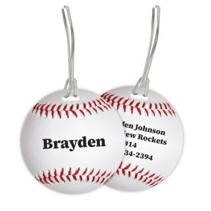 Round baseball luggage tag featuring realistic red stitching and a customized name 