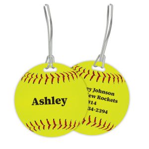 Round yellow softball bag tags with clear plastic hanging straps, showing customized name on front and contact info on back side.
