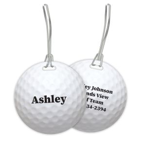 Front and back views of a round golf ball luggage tag with a plastic strap, showcasing a name on front and full contact info on back.