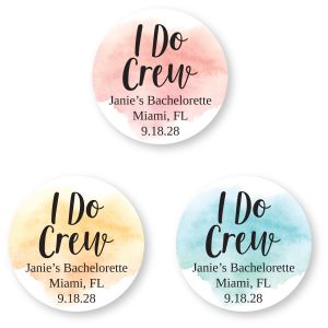 Round bachelorette sticker featuring soft watercolor floral accents, elegant typography, and customizable text lines on a crisp white background.