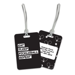 Black pickleball bag tag featuring white text reading Eat Sleep Pickleball Repeat on front and custom contact info on back with strap.
