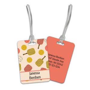 Retro pink and orange pickleball bag tag featuring patterned paddles and balls on front and custom contact info on orange back.