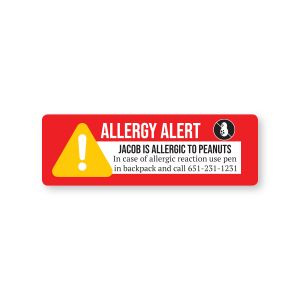 Rectangular red peanut allergy alert label with peanut icon, reading 