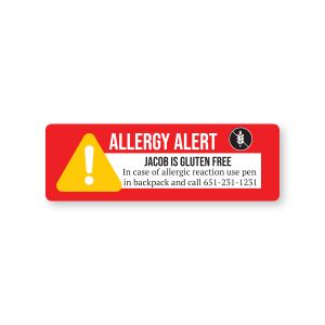 Rectangular red gluten allergy alert label with wheat icon, reading 