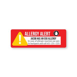 Rectangular red egg allergy alert label with egg icon, reading 