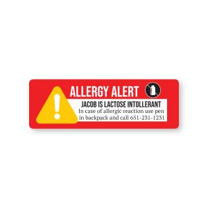 Rectangular red and white dairy allergy alert label with caution icon, reading 