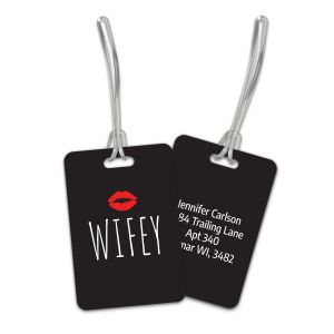 Double-sided black plastic luggage tag featuring a red lip graphic above bold white WIFEY text alongside personalized contact info on the back.