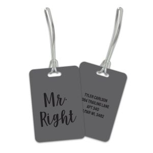 Rectangular dark gray luggage tag with script text reading 