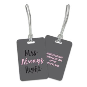 Rectangular dark gray luggage tag with script text reading 