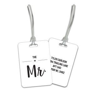 Pair of white luggage tags showing front design with 