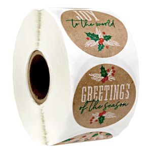 A large roll of Assorted Kraft Brown Holiday Pine Stickers showcasing a rustic brown paper look, colorful holly berries, and crisp typography.