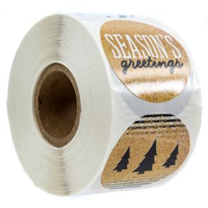 A large paper roll of festive round stickers showcasing a mix of faux gold glitter holiday patterns and black winter pine tree designs.
