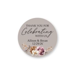 Round taupe sticker featuring boho floral artwork and custom text 