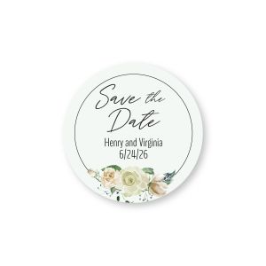 Round sticker featuring script text 