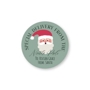 Round Christmas sticker featuring Santa Claus, 