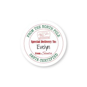 Round Christmas gift tag label with red border text reading From The North Pole and Santa Certified, customized with a recipient name.