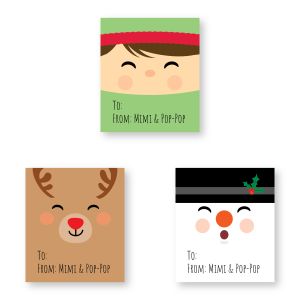 Three animated holiday character gift tag labels featuring cute elf, reindeer, and snowman illustrations with custom To and From lines.
