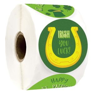 Rolled coil of St. Patrick's Day stickers featuring a green horseshoe graphic with Irish You Luck text printed on gloss sticker stock.