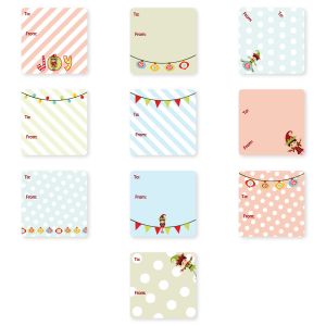 Seven colorful Elf Christmas To & From gift tag stickers featuring modern elves, ornaments, and bunting on pastel patterned backgrounds.