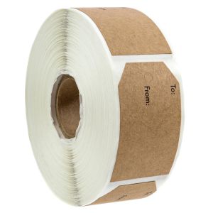 Large roll of natural brown kraft gift tag stickers displaying a perforated rectangular label with printed To and From text fields.