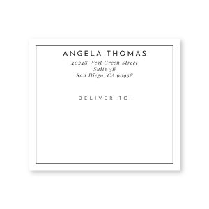 Rectangular white shipping label featuring a clean, crisp black modern border, custom return address lines, and 