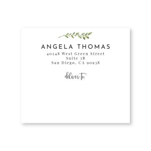 Rectangular white shipping label with a lush botanical greenery border, custom top return address, and elegant script reading 