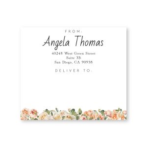 Rectangular shipping label featuring watercolor pink floral trim along the bottom, static From and Deliver To text, and custom address.