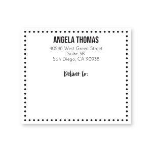 Rectangular white shipping label with a black dotted border, custom top return address, and script text reading 