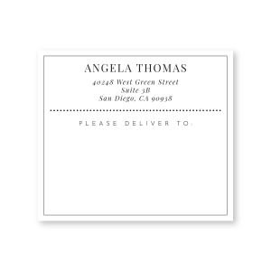 Solid border personalized shipping label featuring a return address at the top and a dotted line separating a 