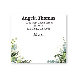 Botanical personalized shipping label featuring watercolor greenery, customized return address, and 