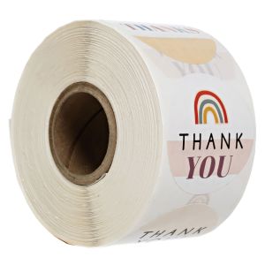 Angled roll of round stickers featuring a modern pastel rainbow design with 