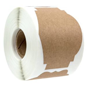 A large paper roll of blank brown kraft holiday gift tag stickers showcasing a wavy, decorative border design on a white background.