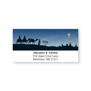 Single personalized address label featuring silhouette artwork of Three Wise Men traveling under a bright star above custom address text.