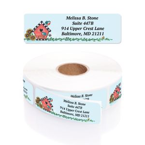 A paper roll of Birdhouse address labels showcasing a charming red birdhouse illustration with sunflowers beside a clean typography layout template.