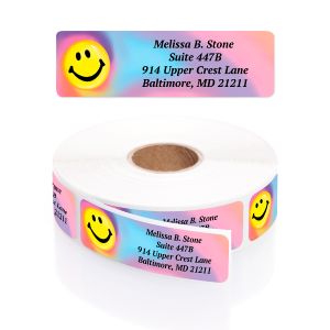 A roll of rectangular address labels featuring a colorful pastel tie-dye background and a bright yellow happy smiley face design.