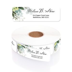 A paper roll of Boho Chic address labels featuring a watercolor eucalyptus greenery border design with a cursive typography layout template.