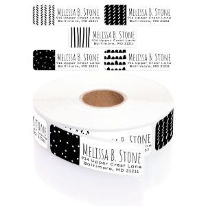 A collection of five assorted black and white geometric return address labels shown above a matching rolled label and clear dispenser.