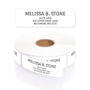 A large paper roll of clean white address labels showcasing a modern black sans-serif typography layout template on a bright white background.