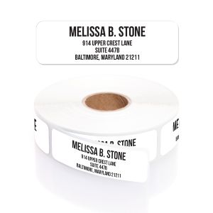 A large paper roll of clean white address labels showcasing a modern bold black sans-serif typography layout template on a bright white background.