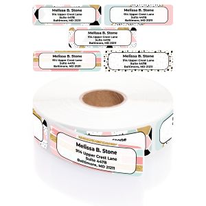 A collection of five assorted geometric return address labels in pastel, black, and faux gold styles shown above a matching rolled label.