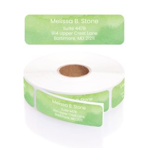 Lime watercolor address label shown above a roll of personalized return address stickers with vibrant green textured background design.