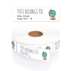 A roll of personalized classroom name labels with a globe design, sitting inside a clear plastic dispenser with a floating close-up graphic.